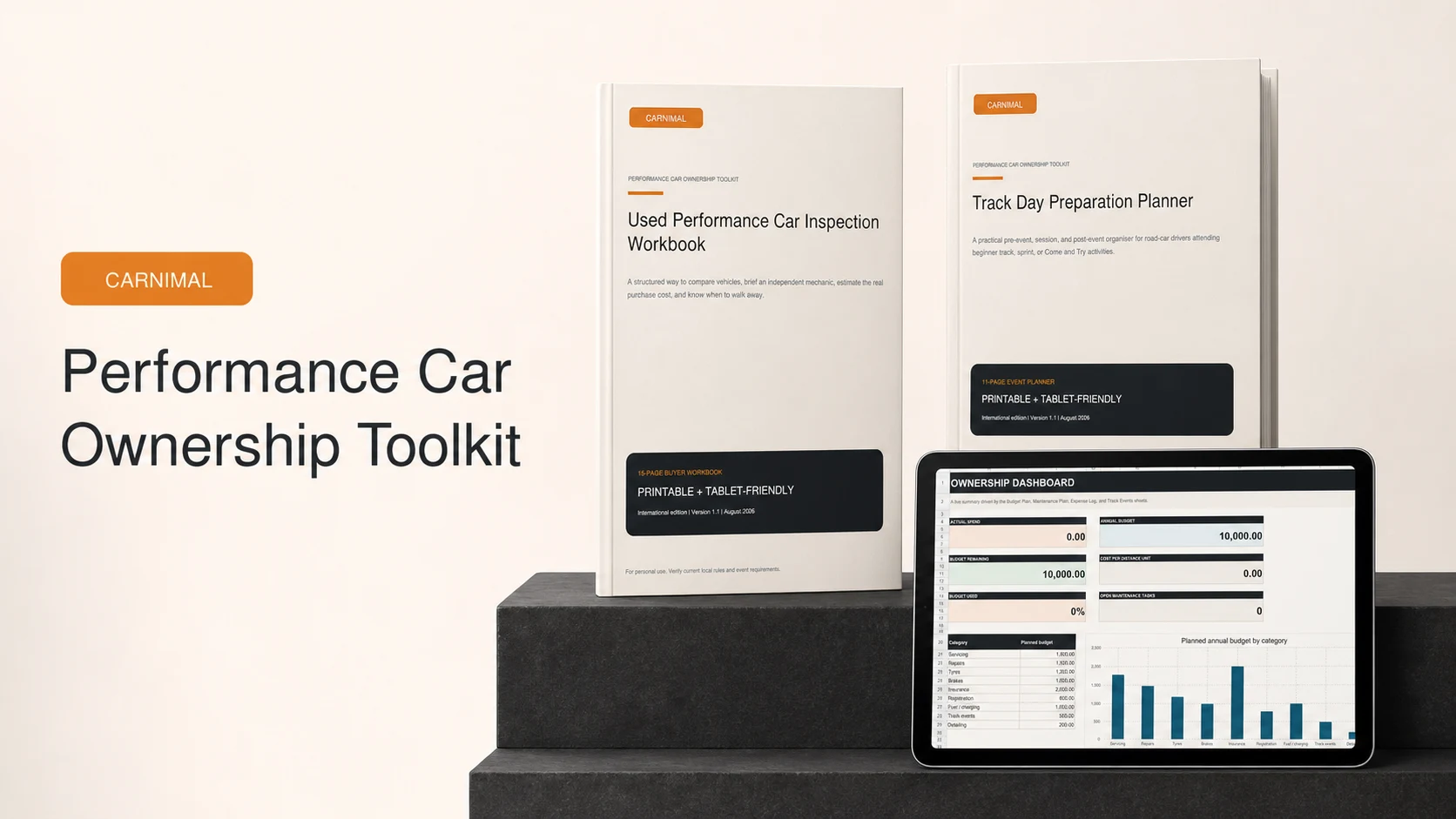 Carnimal Performance Car Ownership Toolkit shown with the inspection workbook, track-day planner, and cost planner