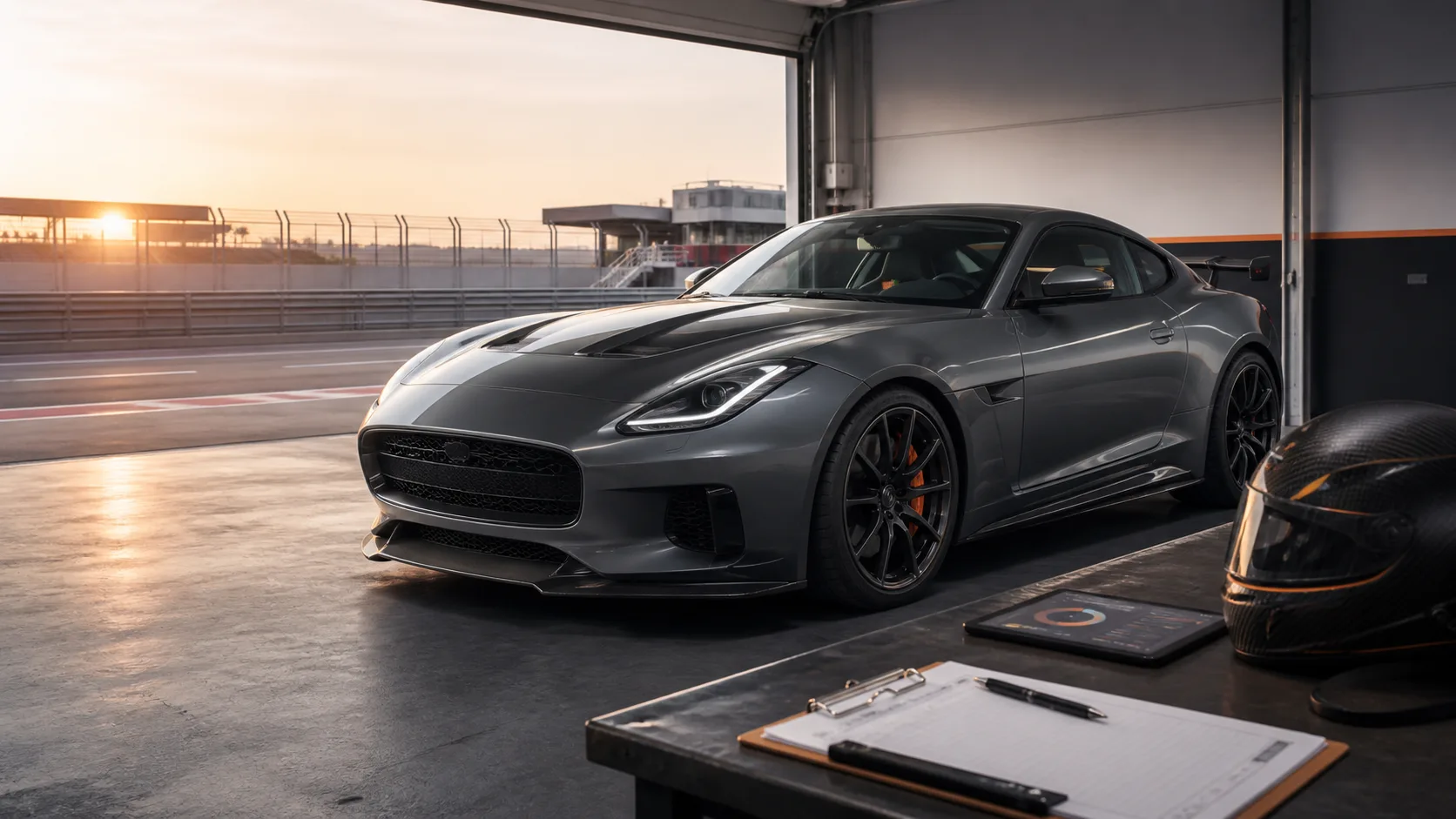 Performance car prepared in a pit garage with a helmet, planning sheet, and cost dashboard
