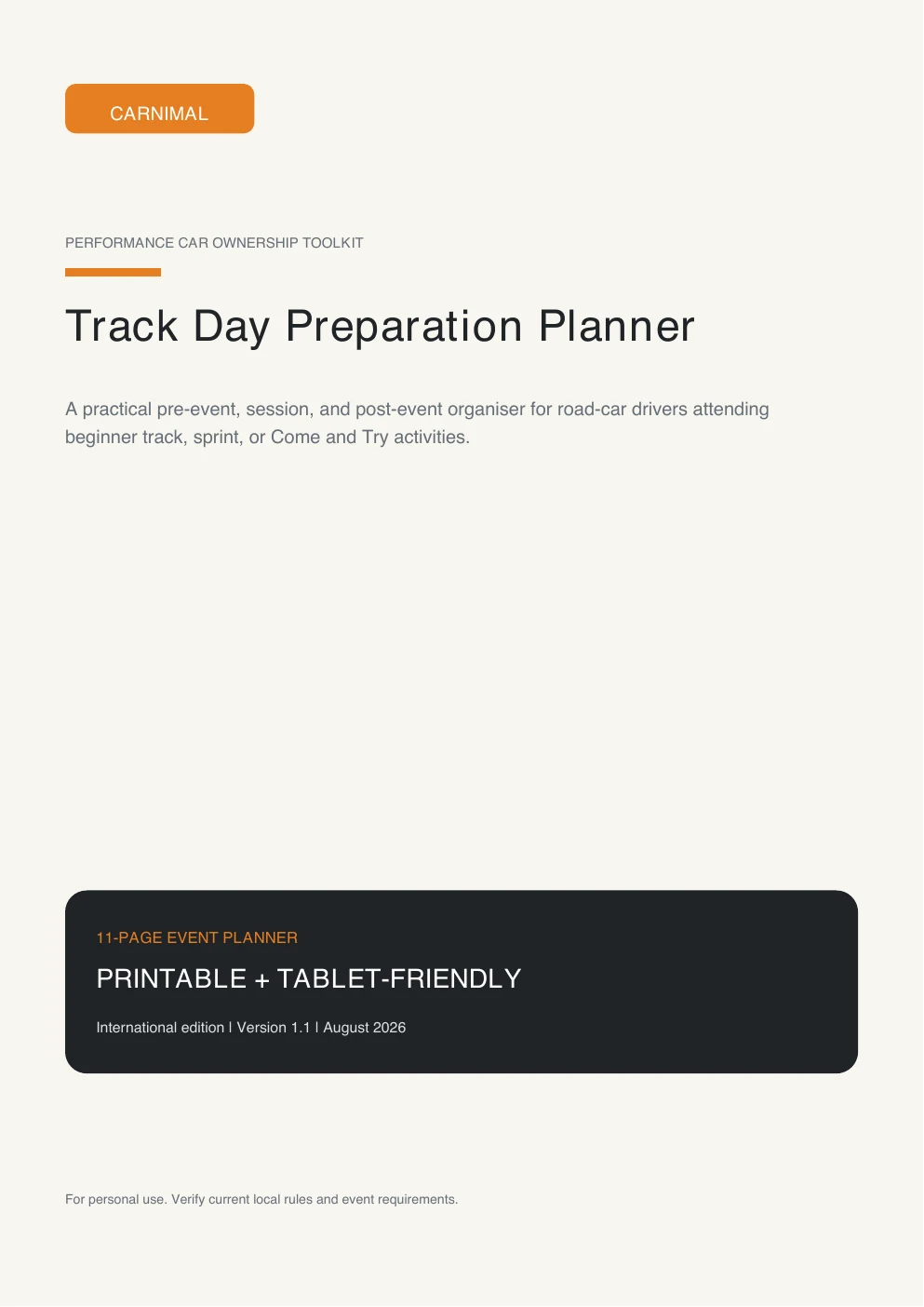 Preview page from the Track Day Preparation Planner